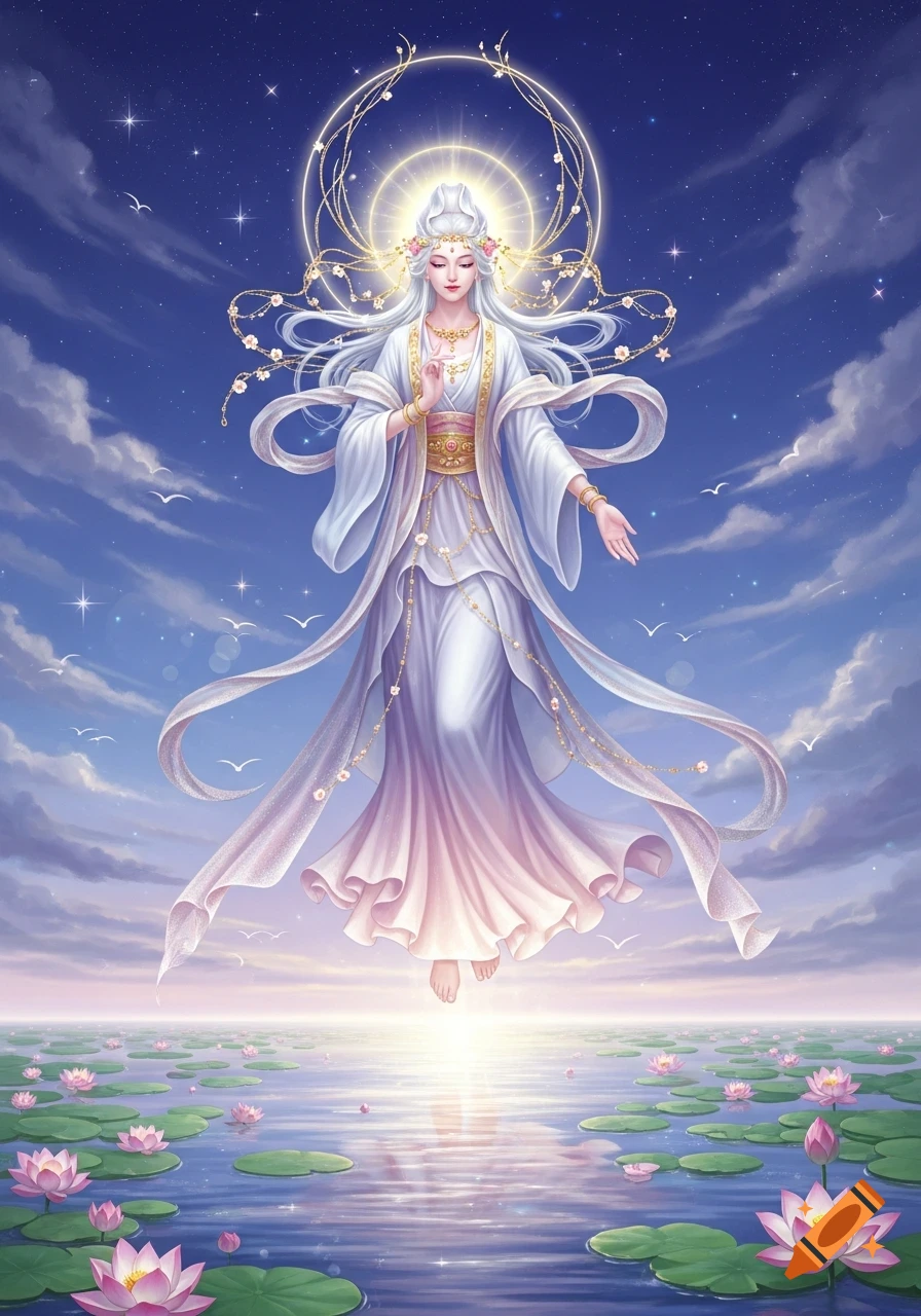 A serene, white-haired celestial goddess in flowing white robes floats above a lotus pond under a starry blue sky, radiating a golden halo.
