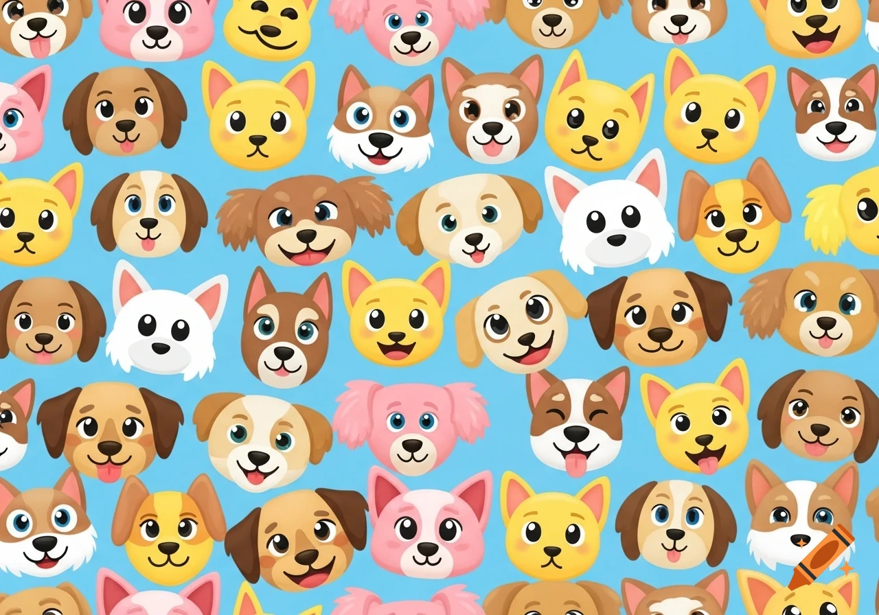 A seamless pattern of diverse, cute, cartoon dog faces with playful emoji-style expressions on a sky blue background.