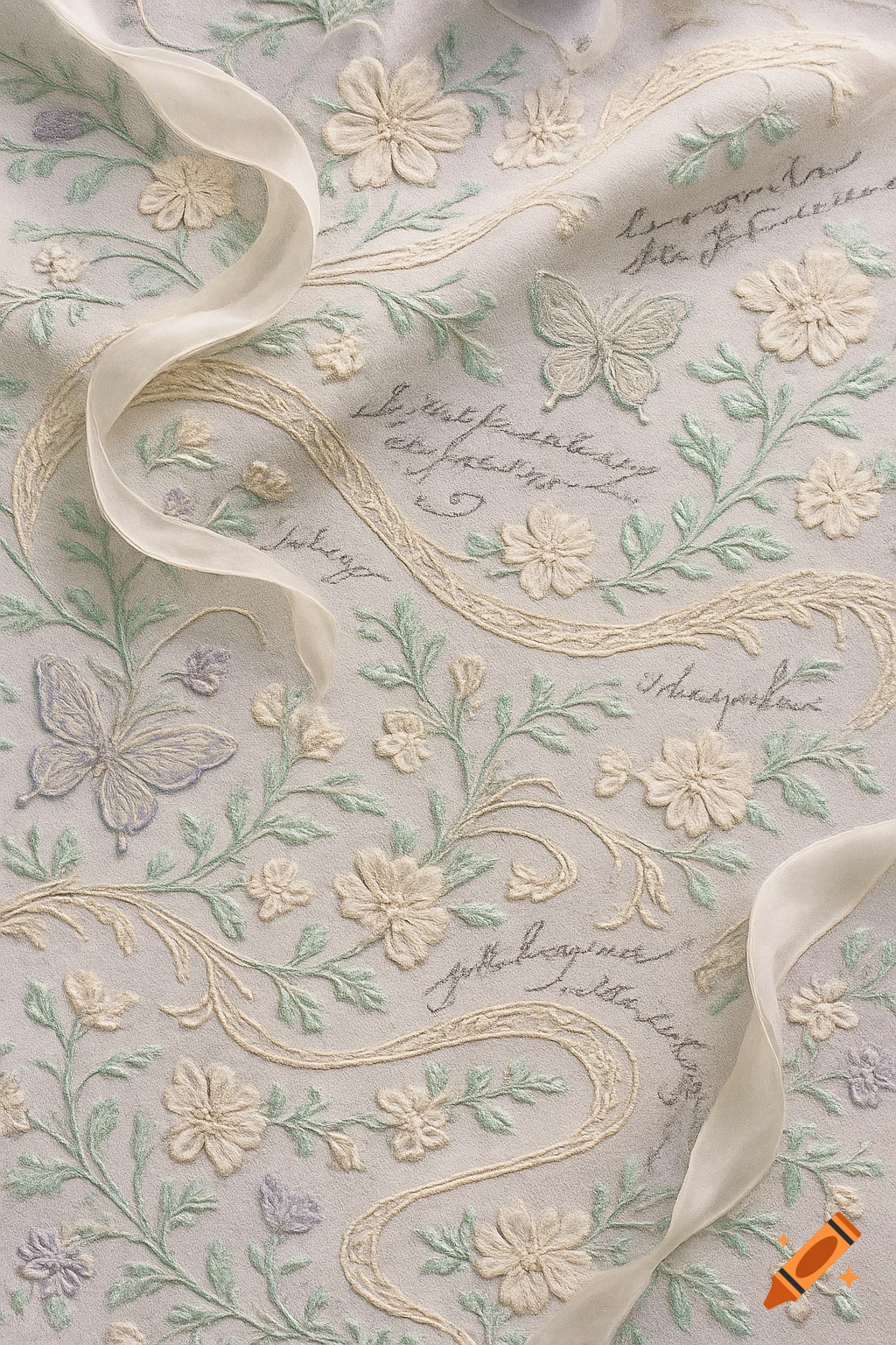 Close-up of elegant embroidery with white flowers, green leaves, pale butterflies, and sheer ribbons on light fabric, accented with faint script.