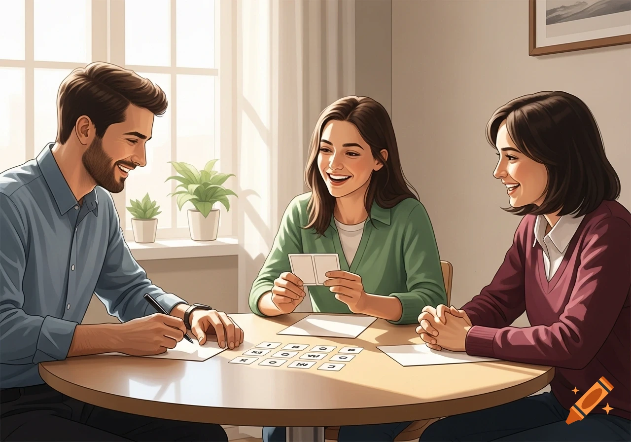 Three friends, two women and one man, smile while playing a card or word game at a round wooden table, drawn in an illustrated style.