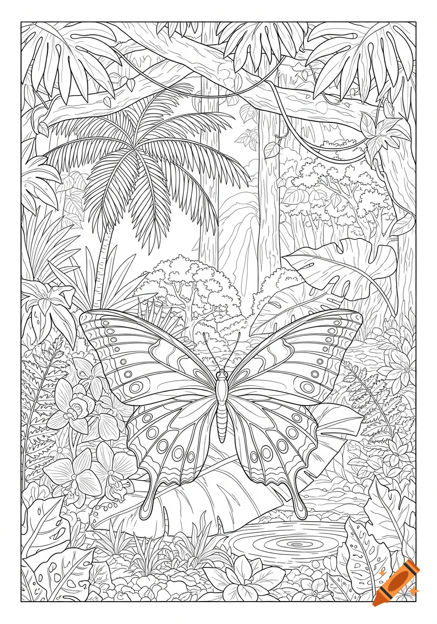 A detailed black and white coloring page featuring a large butterfly centered in a lush jungle with palm trees, vines, and various plants.