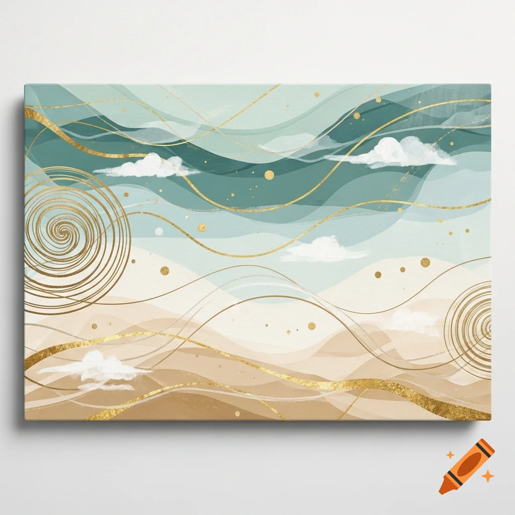 Abstract painting with flowing teal, blue, and beige layers, accented by intricate golden swirling lines and dots, suggesting a serene landscape with clouds.