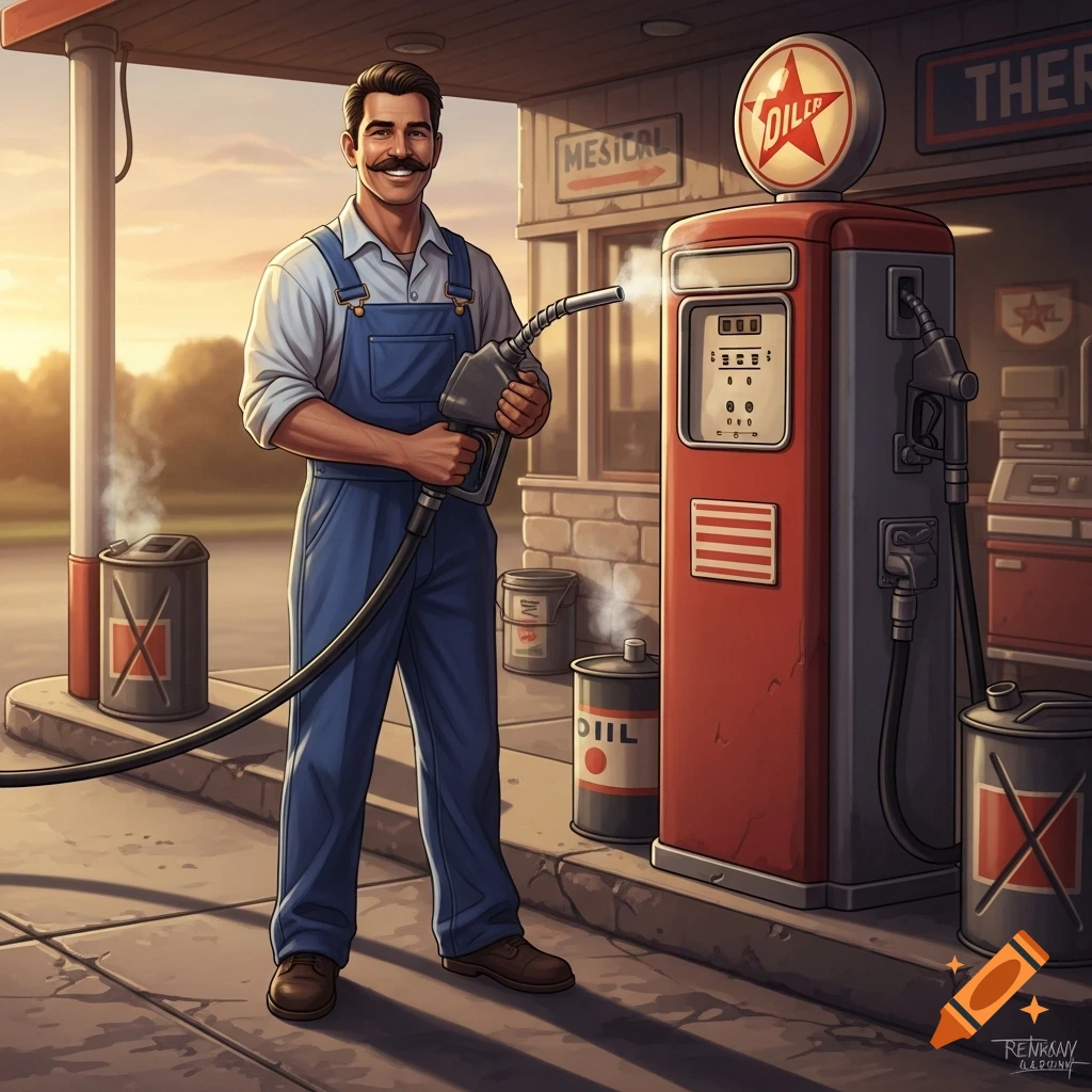 Smiling man with a mustache in blue coveralls holds a gas nozzle at a vintage gas station, illustrated.