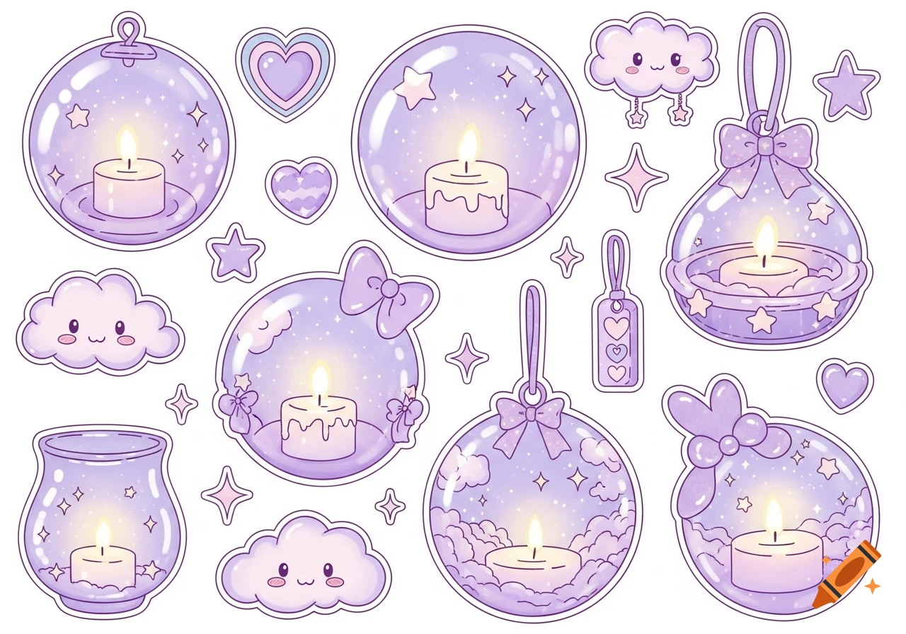 A collection of cute pastel purple and pink kawaii stickers featuring glowing candles in transparent bubbles, hearts, and smiling clouds.