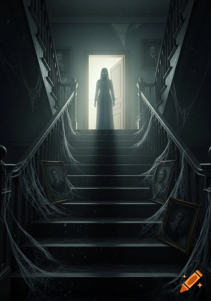 A ghostly figure with glowing eyes stands at the top of a dark, cobweb-covered staircase in an eerie, haunted house with old portraits.