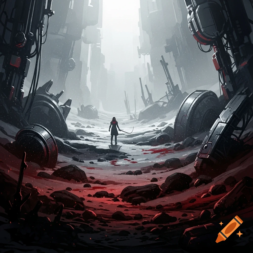 A lone figure on blood-stained ground amidst ruined futuristic structures, under a bright, hazy sky in a desolate sci-fi landscape.