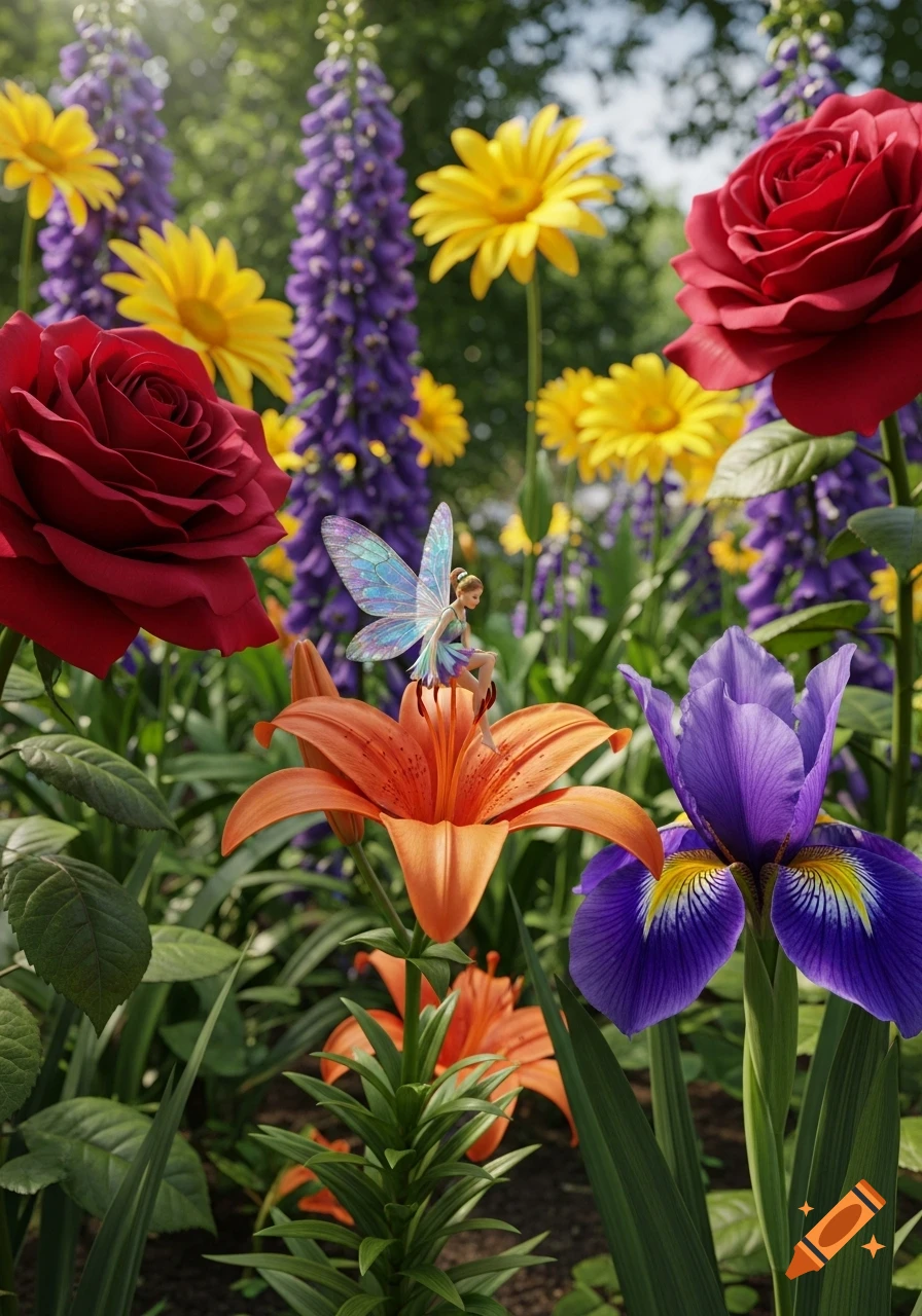 A small colorful fairy with wings sits on a large orange lily surrounded by vibrant red, purple, and yellow flowers in a lush garden, photorealistic style.