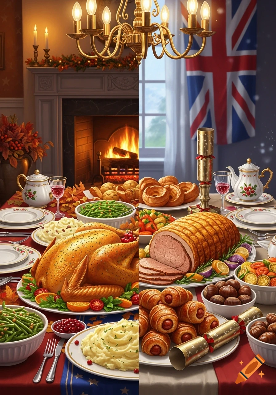 A split image shows two festive Christmas dinner tables: one American with turkey by a fireplace, the other British with roast beef under a Union Jack flag.