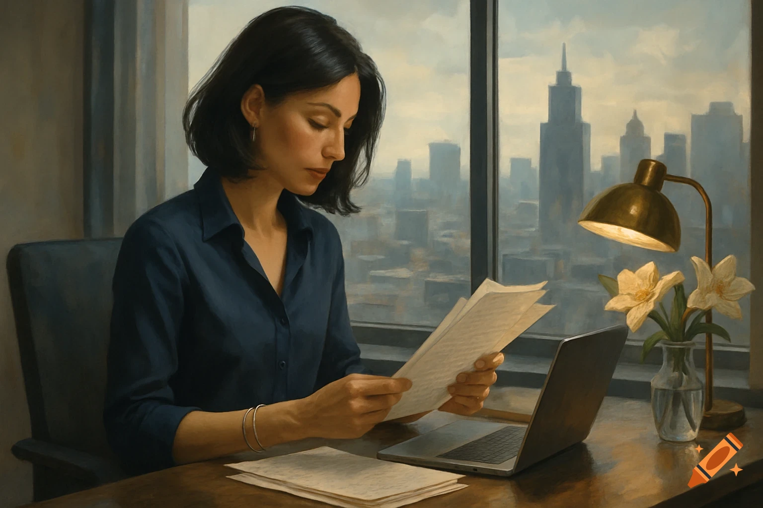 A woman with short dark hair in a blue shirt reads papers at a desk with a laptop, a lamp, and flowers, overlooking a city skyline.