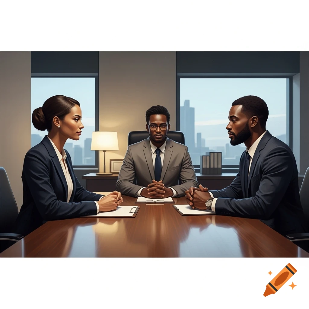 Three professionals, two men and a woman, are seated at a conference table, appearing to be in a meeting or discussion.