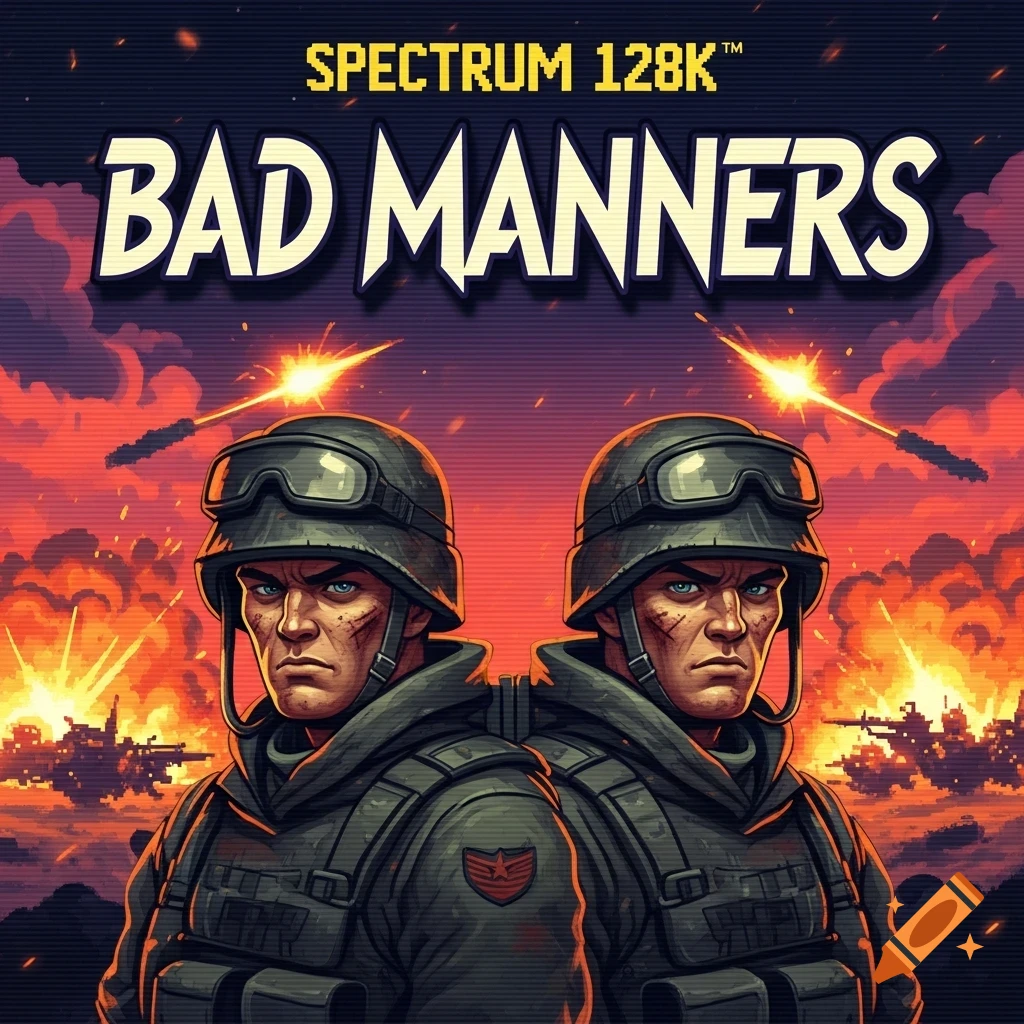 Two soldiers in helmets against a pixelated battle scene with explosions and gunfire, featuring 'SPECTRUM 128K™' and 'BAD MANNERS' text in a retro game cover art style.
