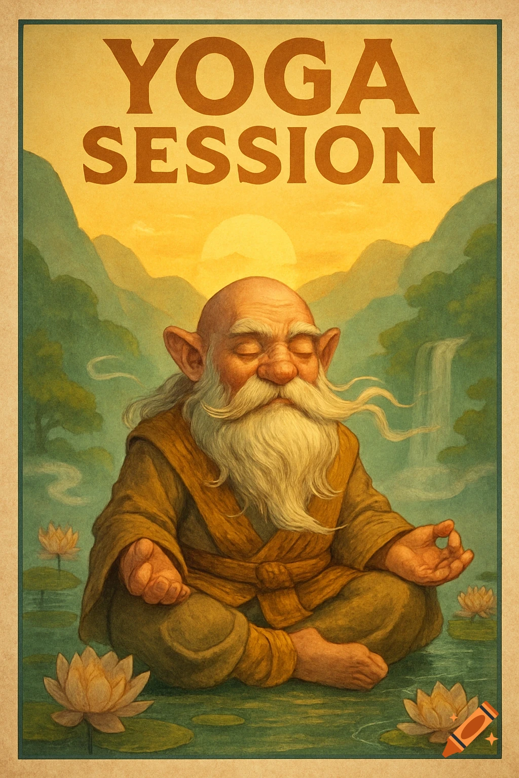 Vintage-style poster with a meditating dwarf among lotus flowers in a tranquil mountain landscape under a sunset, with 'YOGA SESSION' text.