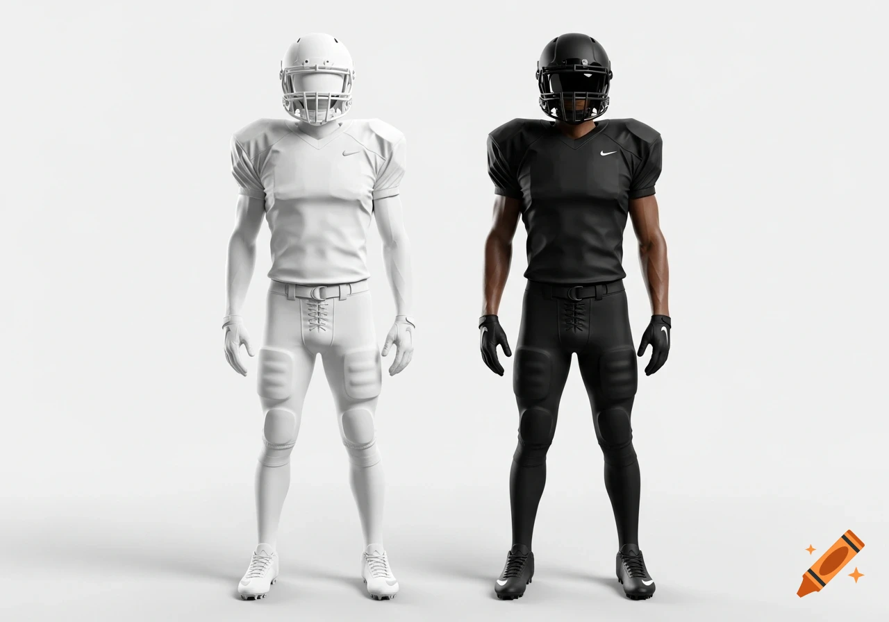 Two photorealistic American football players stand upright, one in an all-white uniform and the other in an all-black uniform, on a white background.