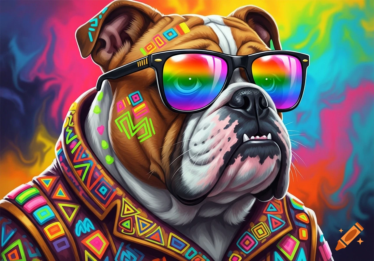 Stylized bulldog in rainbow sunglasses and a vibrant patterned jacket, against a colorful abstract background.