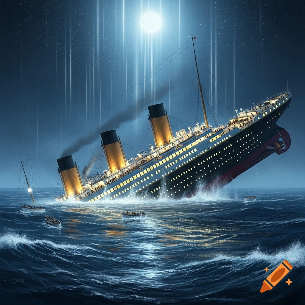 The Titanic sinks at night, its stern lifted high in the air as lifeboats float in choppy water under a bright moon and streaking lights.