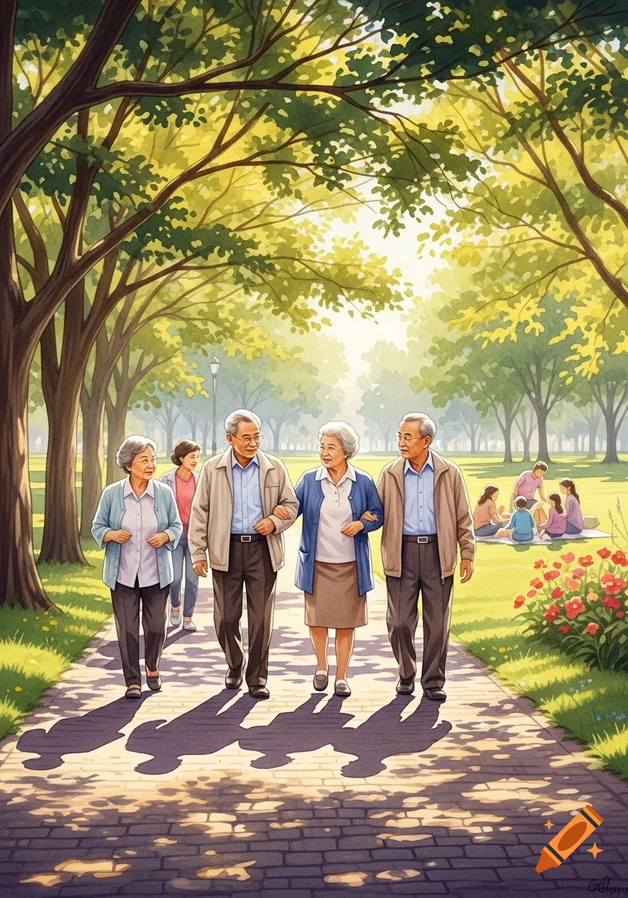 Elderly people walk on a sun-dappled brick path in a lush green park, with others picnicking, in a watercolor style.