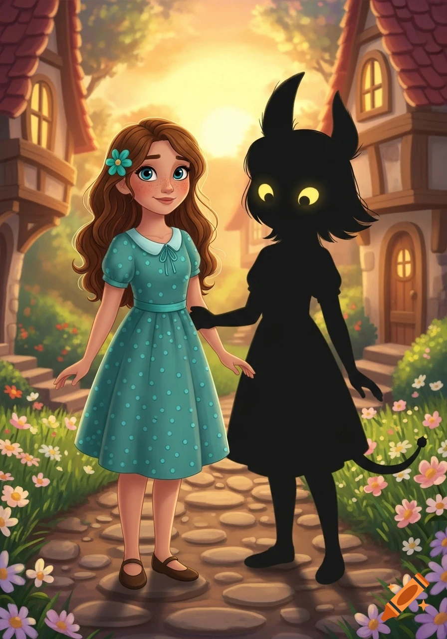 A cartoon girl with long brown hair and a teal polka dot dress stands on a cobblestone path next to a black shadow figure with glowing yellow eyes, in a warm, sunny village scene.