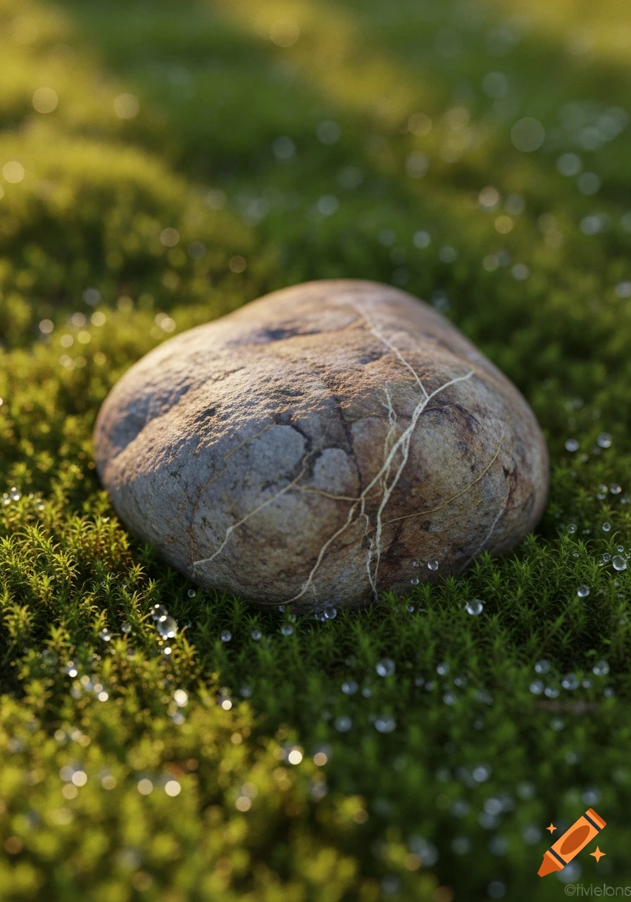 A close-up, photorealistic view of a smooth brown and grey rock with light colored veins, resting on vibrant green moss covered in dew drops.