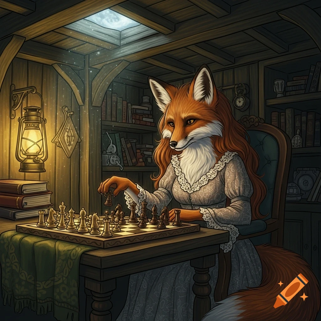An illustrated anthropomorphic fox woman in a dress plays chess in a cozy, lantern-lit wooden room with bookshelves and a moonlit skylight.