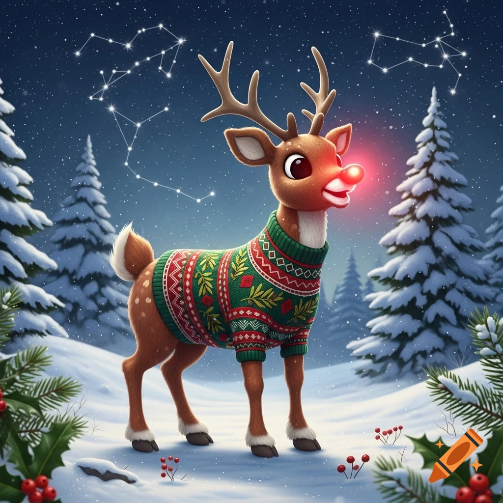 Cartoon Rudolph the red-nosed reindeer wearing a green and red Christmas sweater, standing in a snowy forest under a starry night sky.