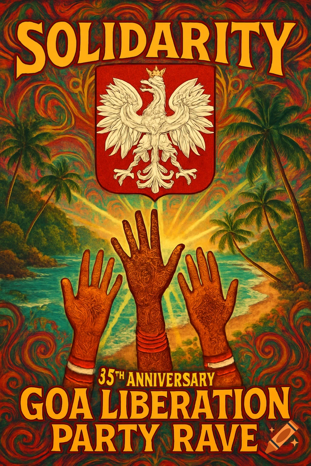 Vibrant psychedelic poster for the 'SOLIDARITY 35th ANNIVERSARY GOA LIBERATION PARTY RAVE' event, featuring a Polish eagle, raised hands, and a tropical beach scene with palm trees.
