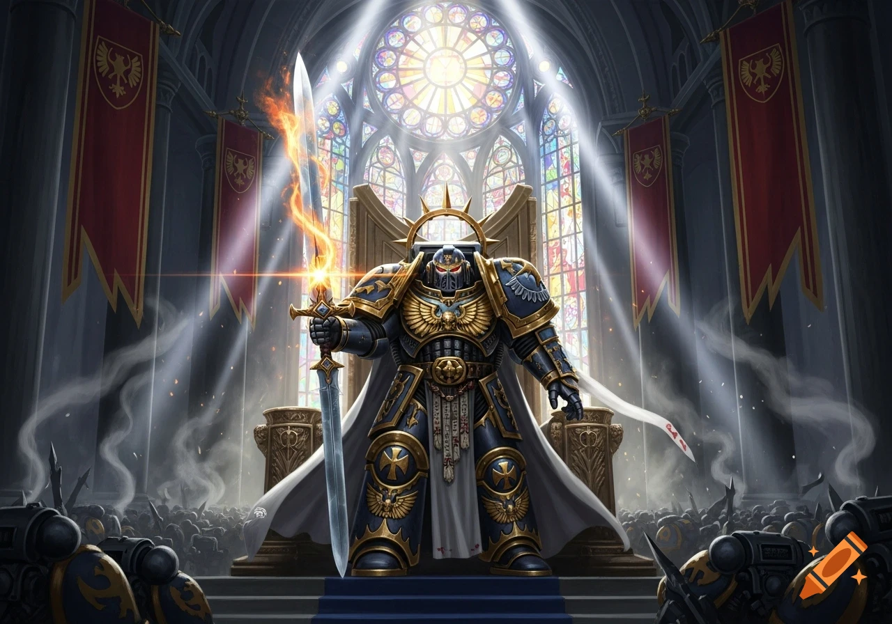 A heavily armored warrior, similar to a Space Marine, stands in a grand cathedral holding a flaming sword, illuminated by a large stained-glass window.