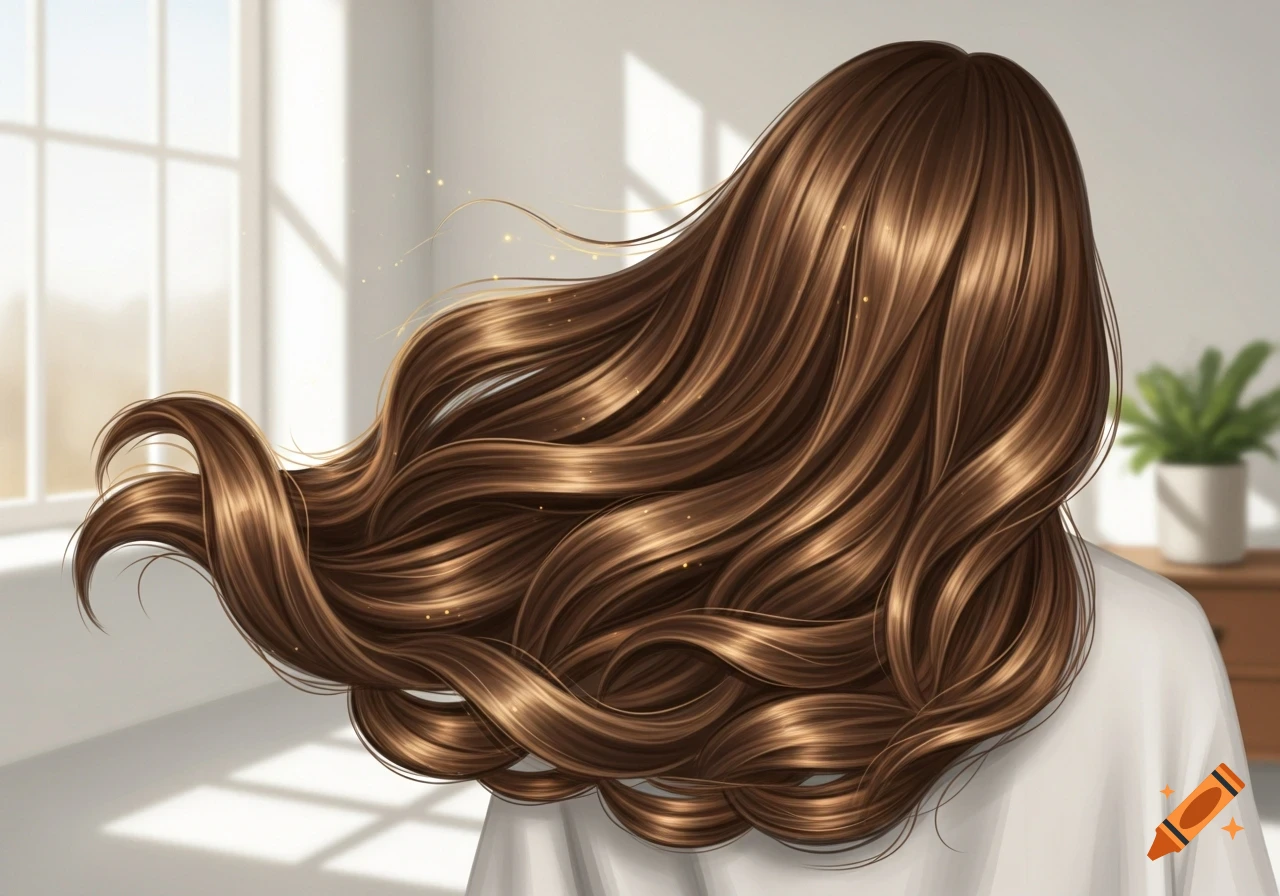 Digital illustration of long, flowing, shiny brown hair seen from behind, cascading over a person's shoulders in a brightly lit room.