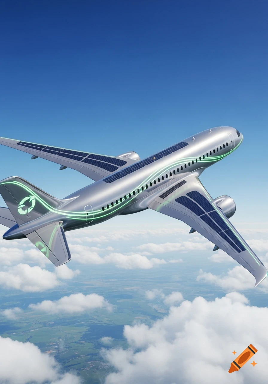 A sleek, silver futuristic airplane with solar panels and glowing green accents flies above clouds in a blue sky.