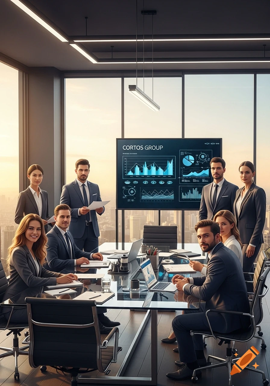 A diverse group of business professionals in suits gathers around a conference table in a modern office with city views, looking at a screen displaying charts.
