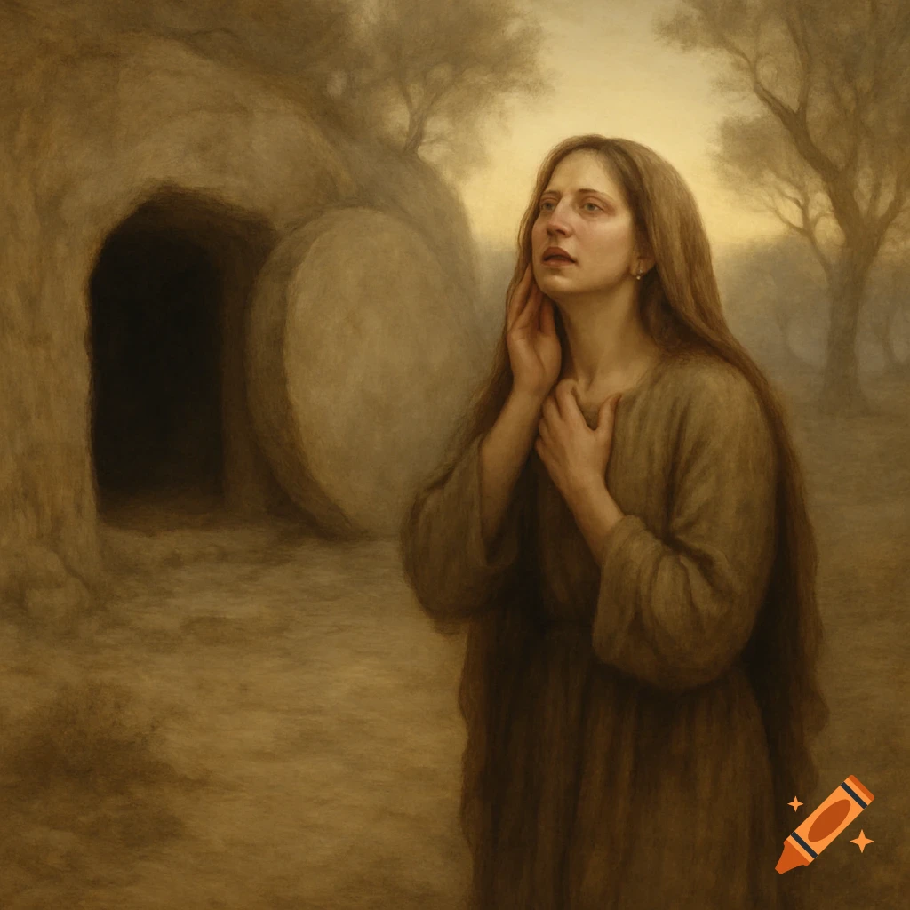 Mary Magdalene stands distraught before an empty tomb with a rolled-away stone, in a classical painting style.