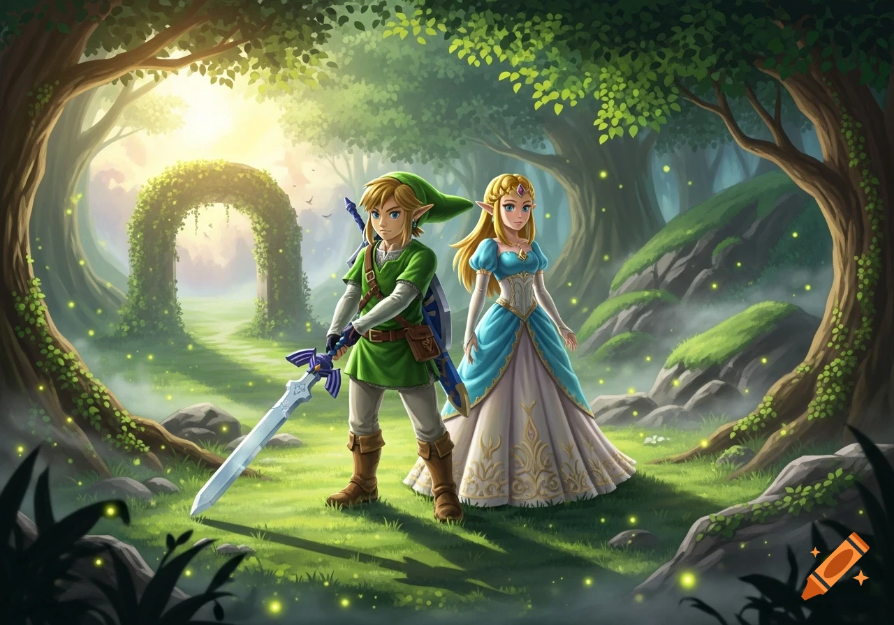 Link and Zelda stand in a magical, glowing forest with an ivy-covered archway, in an anime art style.