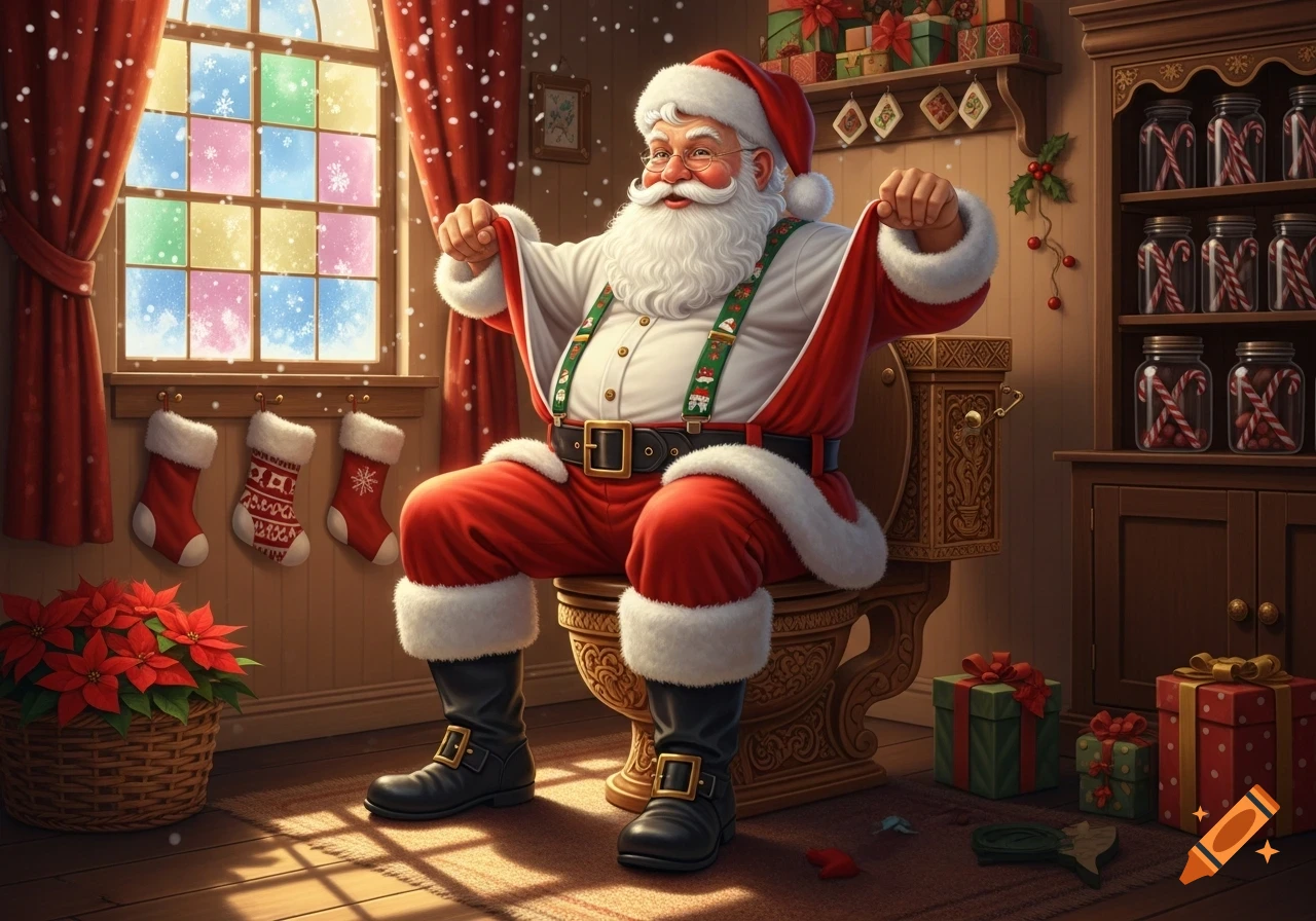 Santa Claus sits on an ornate wooden toilet in a festive Christmas room, pulling up his red pants, with snow falling outside a colorful window.