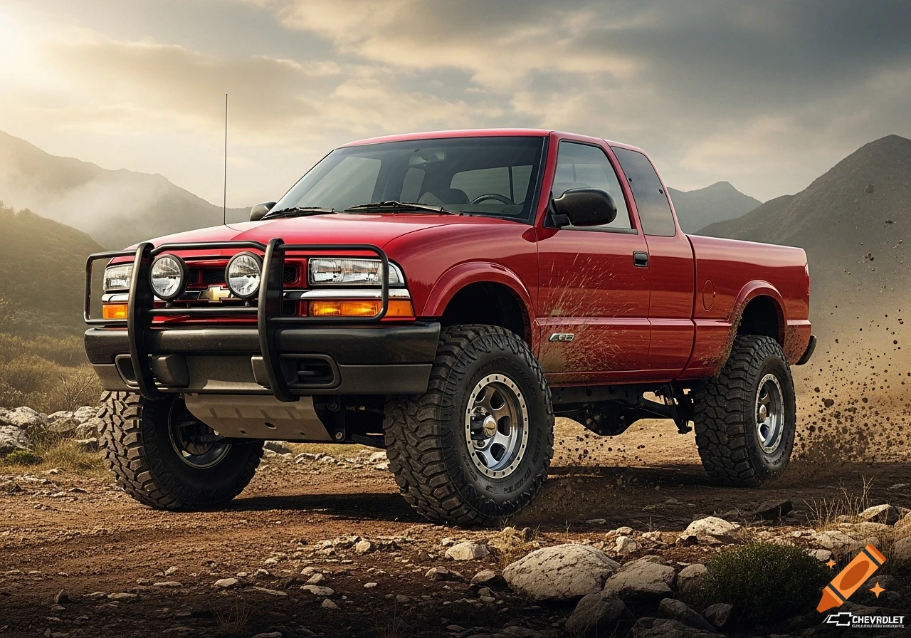 A red Chevrolet S10 pickup truck, lifted with a grill guard, drives off-road in a dusty, mountainous landscape under a dramatic sky.