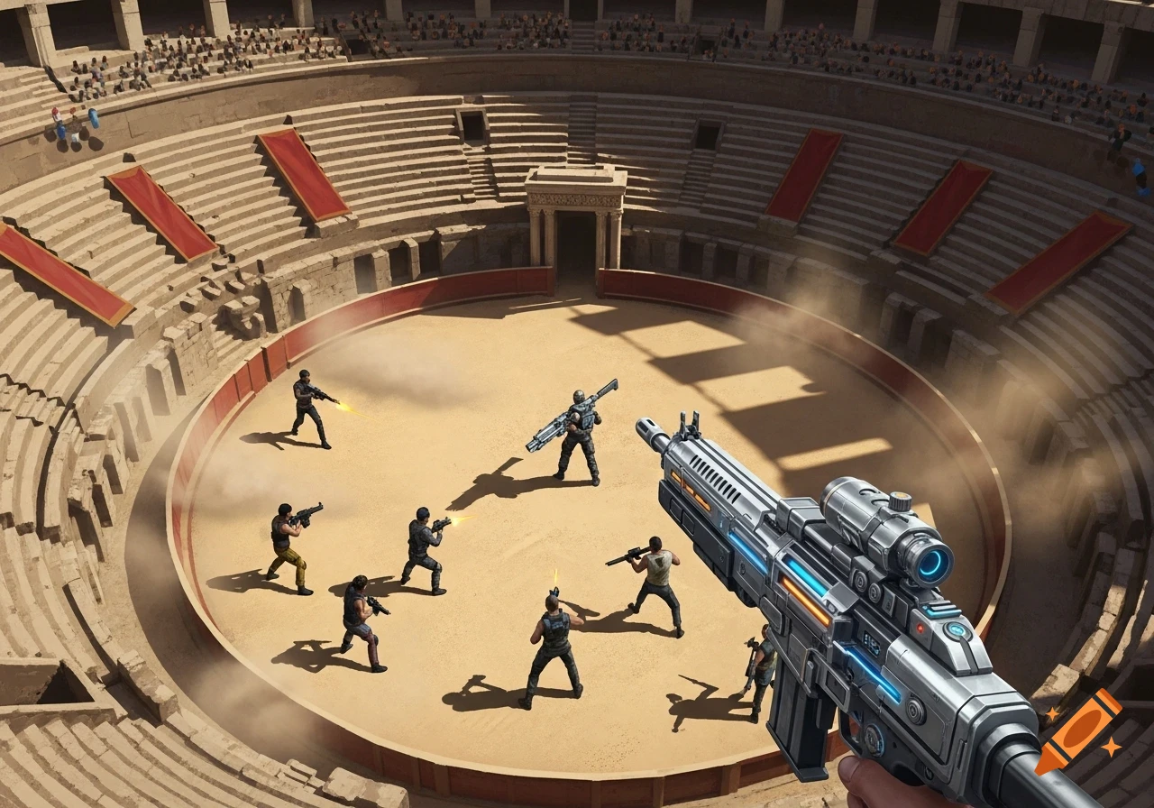A bird's-eye view shows a futuristic battle with soldiers wielding custom guns in a Colosseum arena.