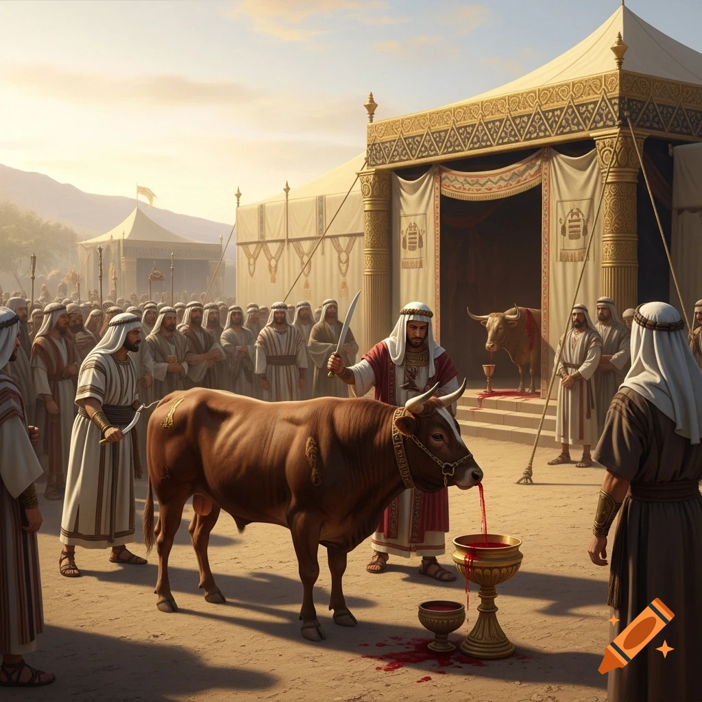A man sacrifices a bull, blood flowing into a golden chalice, while robed figures watch outside an ancient tabernacle in a desert encampment.