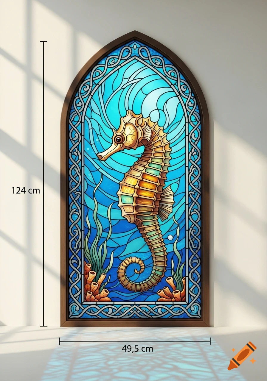 Arched stained glass window depicting a seahorse and marine plants in shades of blue and gold, with dimensions 124x49.5 cm.