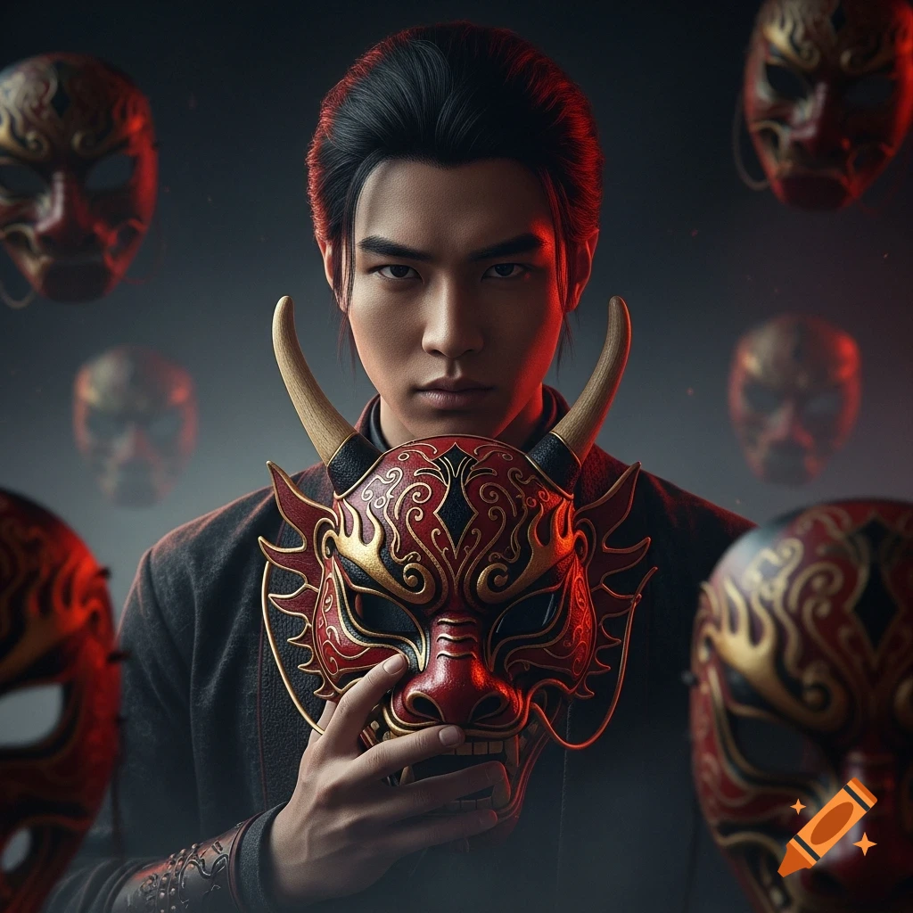 Young East Asian man holding an intricate red and gold dragon mask in a dark, misty setting with blurred masks, cinematic dark fantasy style.