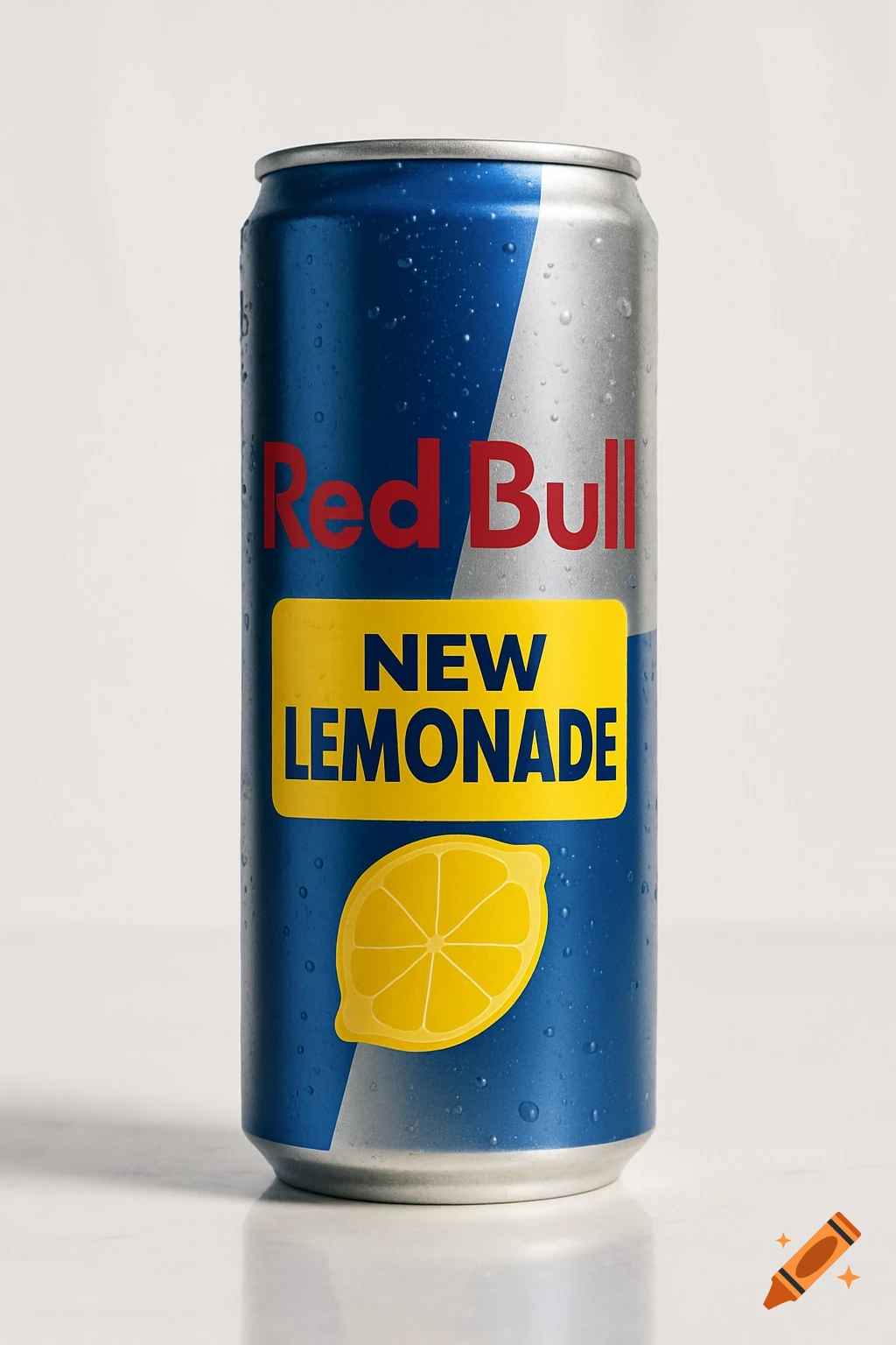 A close-up, photorealistic shot of a cold Red Bull can with water droplets, featuring a yellow label that reads 'NEW LEMONADE' and a lemon icon.
