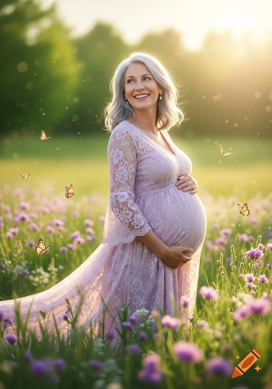 Smiling pregnant woman with gray hair in a pink lace dress, holding her belly in a sunny field with flowers and butterflies.