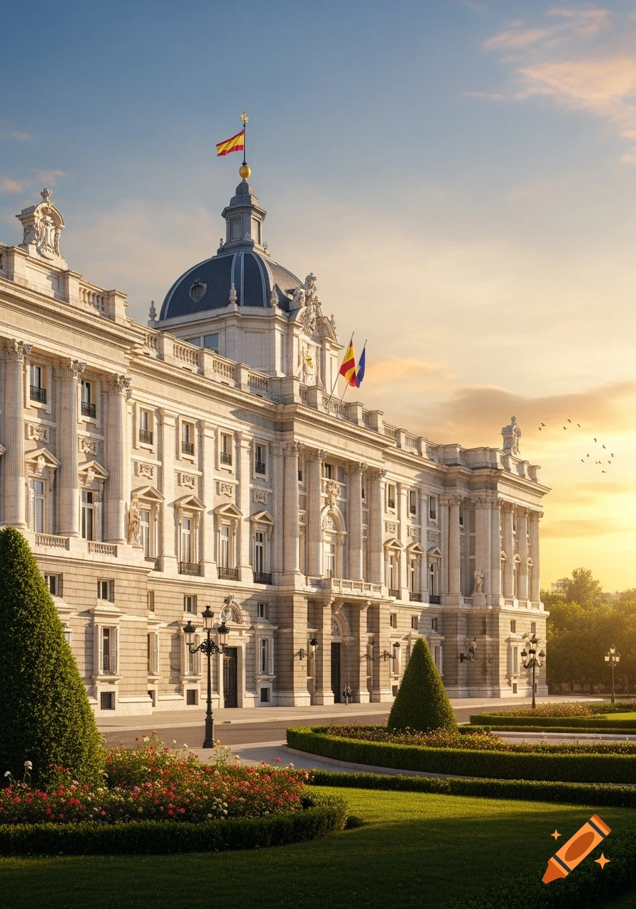 Grand ornate white palace with a dark dome and flags, surrounded by green gardens and trees under a warm sunset sky.