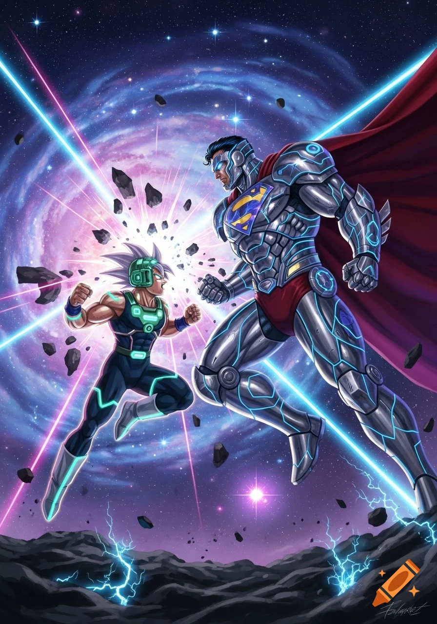 Cosmic Armor Superman and Capsule Corp Goku clash in a vibrant comic book illustration in space.