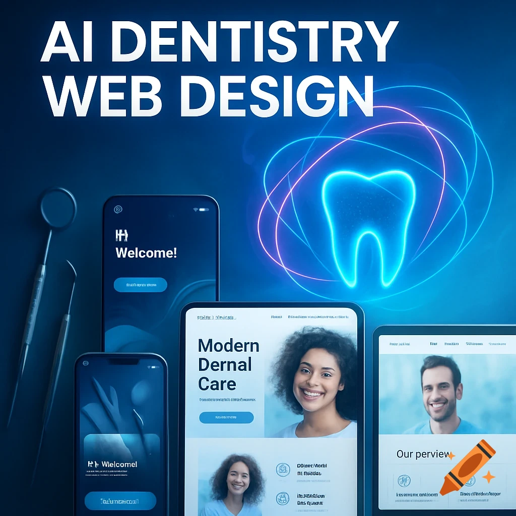 An AI ad for AI Dentistry Web Design, featuring a glowing tooth, dental tools, and various screens showing mobile and tablet web interfaces with smiling people.