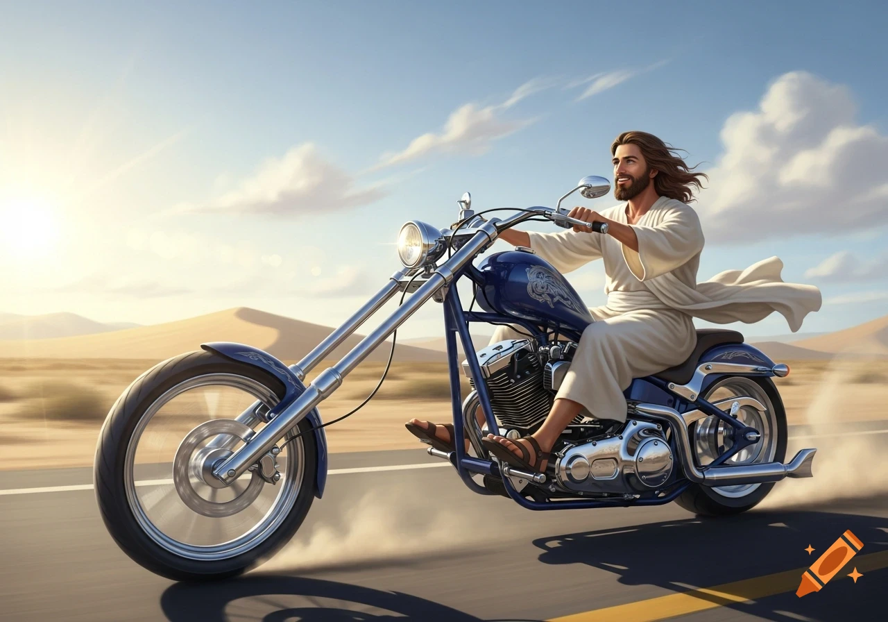 Photorealistic Jesus Christ in a white robe and sandals, riding a blue long-frontend chopper down a desert road, smiling merrily.