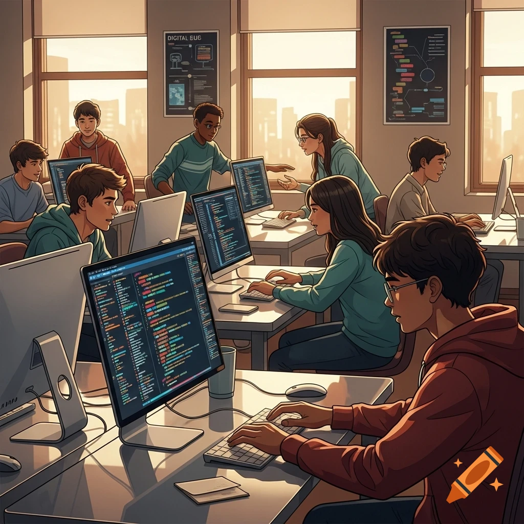 Cartoon illustration of high school students working on computers in a brightly lit classroom, learning programming.