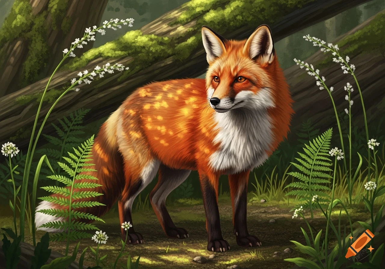 A vibrant red fox with white and black markings stands in a forest ...