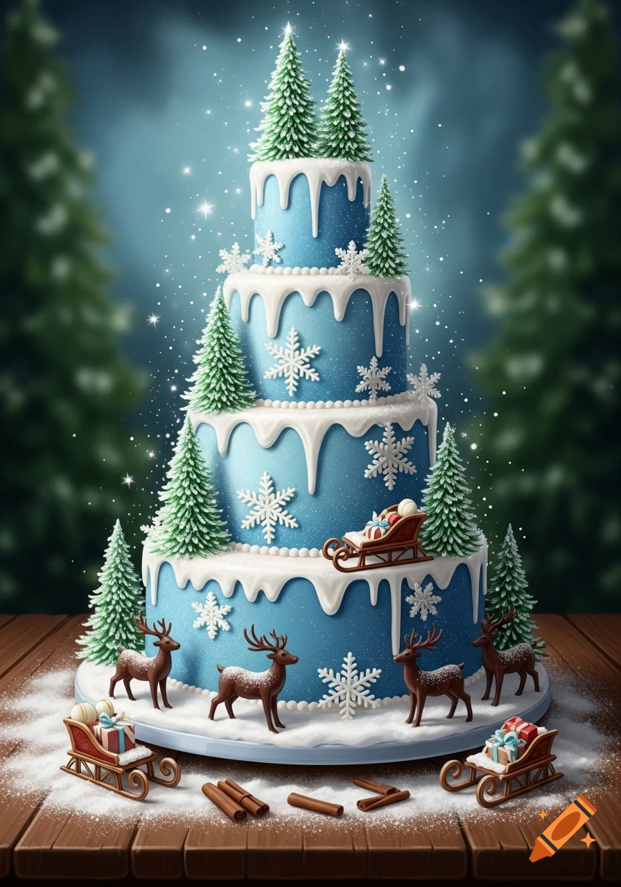 A multi-tiered blue winter wonderland cake adorned with white frosting, evergreen trees, snowflakes, reindeer, and mini sleighs on a snowy table.