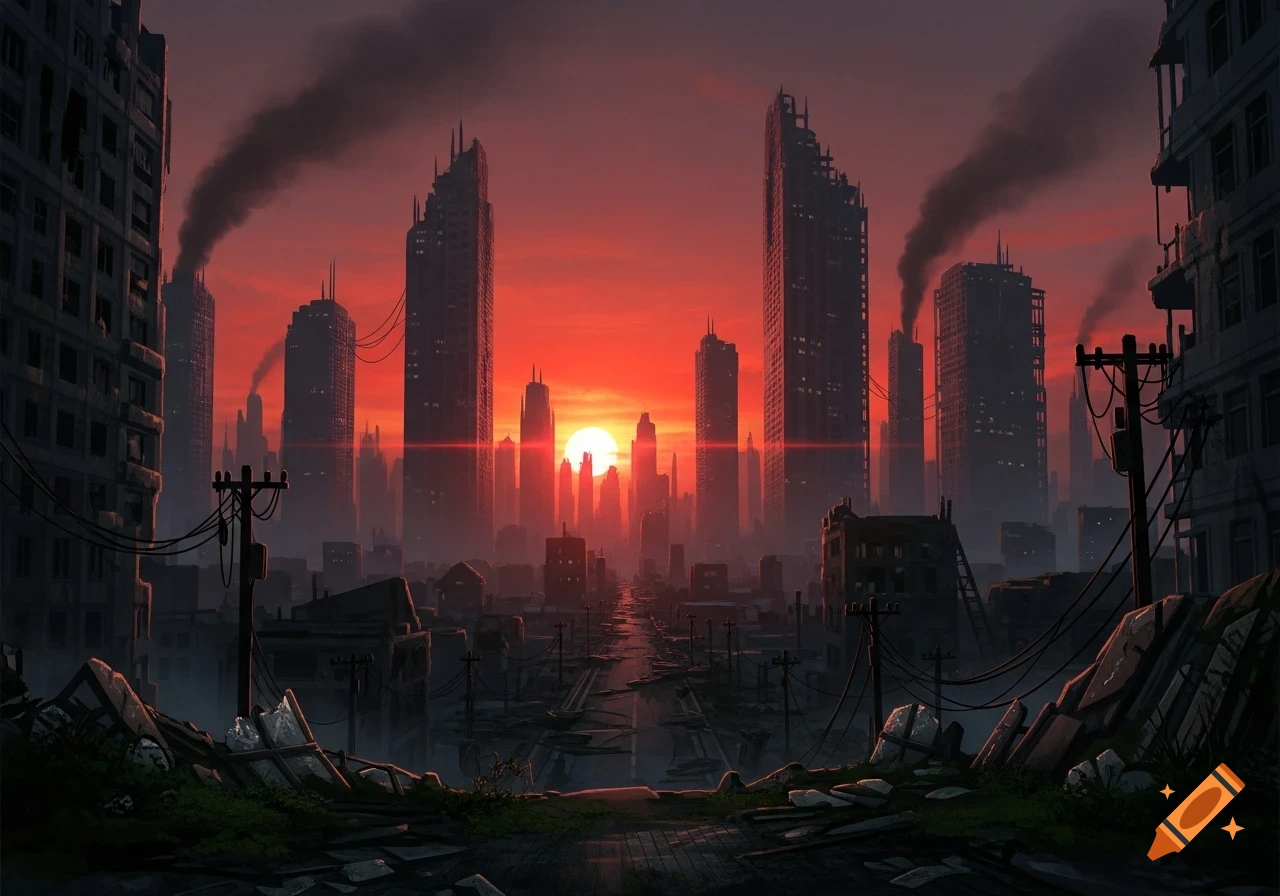 A dark, dystopian cityscape at sunset, with ruined skyscrapers silhouetted against a red sky and smoking chimneys, digital painting.