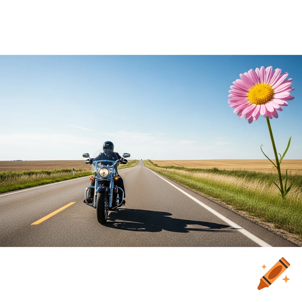 A motorcyclist drives on a straight road through fields under a clear blue sky, with a huge pink daisy on the right.
