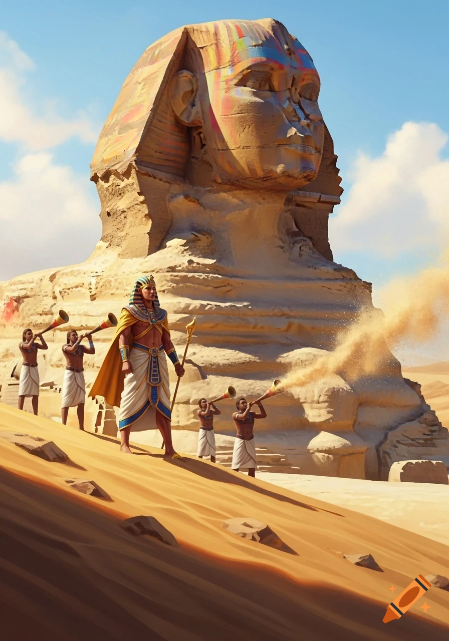 A pharaoh with men blowing horns full of sand in a desert before a large, colorful Sphinx.