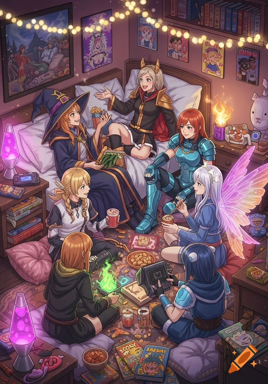 Seven anime-style girls in various fantasy cosplay costumes gather for a sleepover, eating snacks, playing games, and chatting in a warmly lit bedroom decorated with string lights and posters.